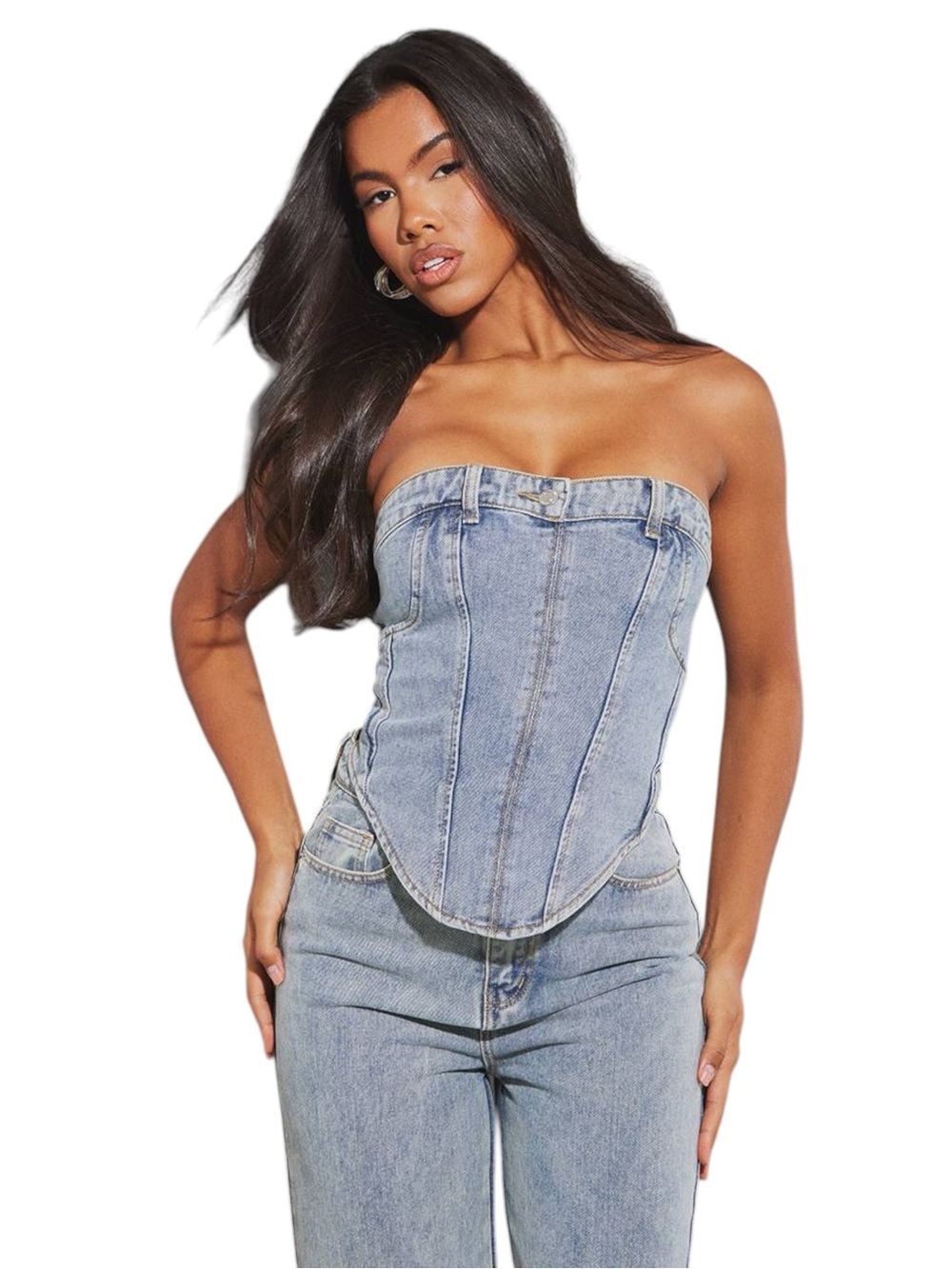 PrettyLittleThing Mid Blue Wash Jean Waistband Detail Denim Corset Top Size 14